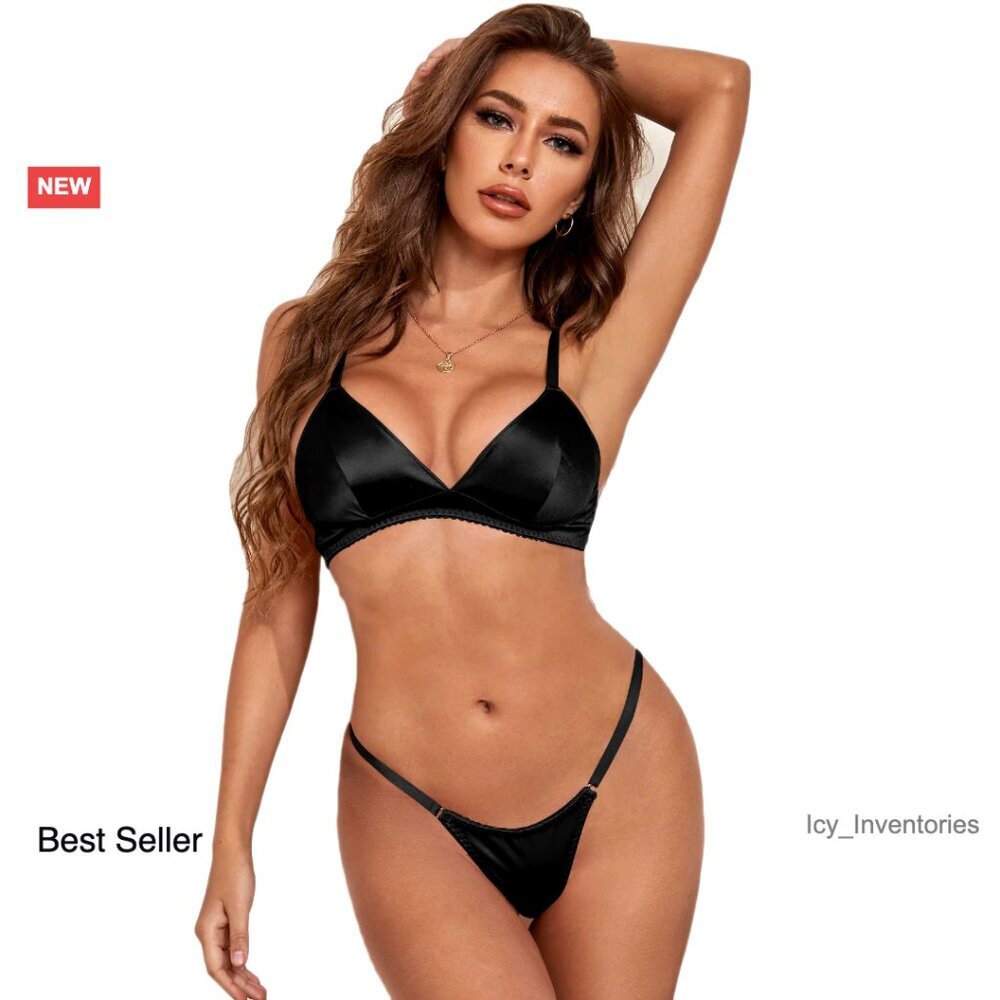 Satin Lingerie Set Wireless Bralette Thong Elegant Minimal Chic Special Occasion